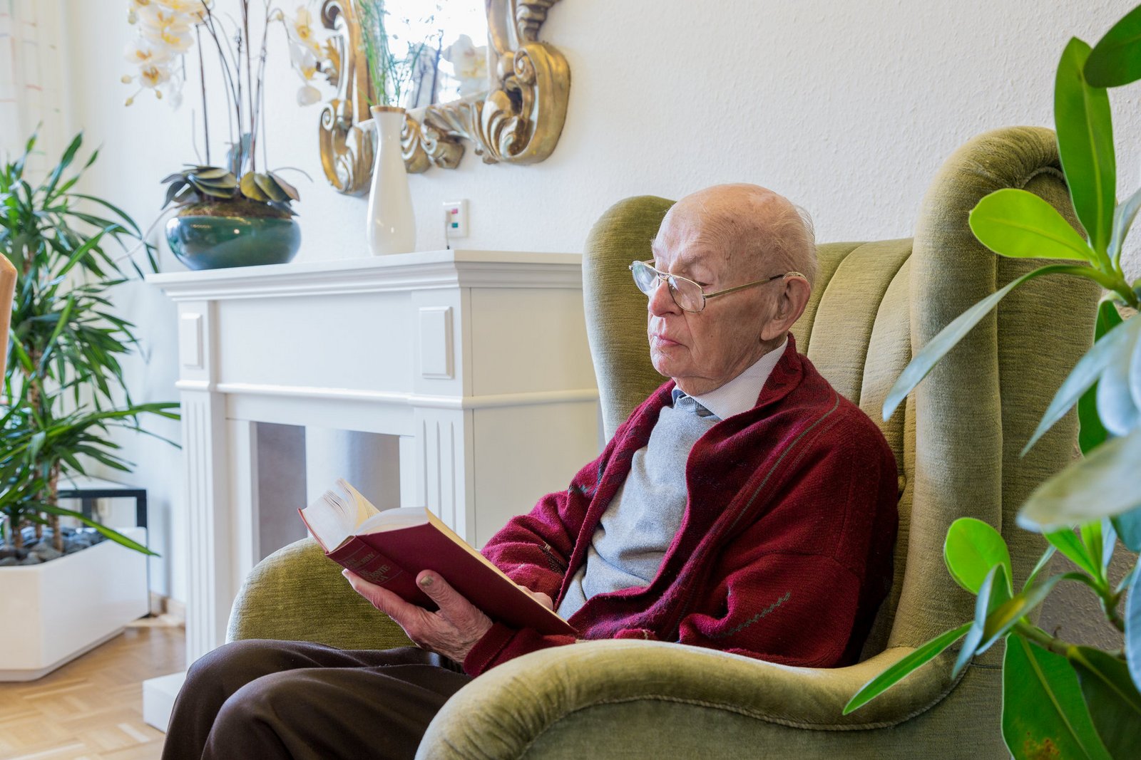 Älterer Herr beim Lesen im Ohrensessel Älterer Herr beim Lesen im Ohrensessel